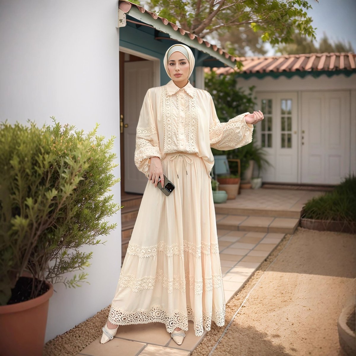 Cutwork Lace Blouse & Tiered Maxi Skirt Set (MS375)