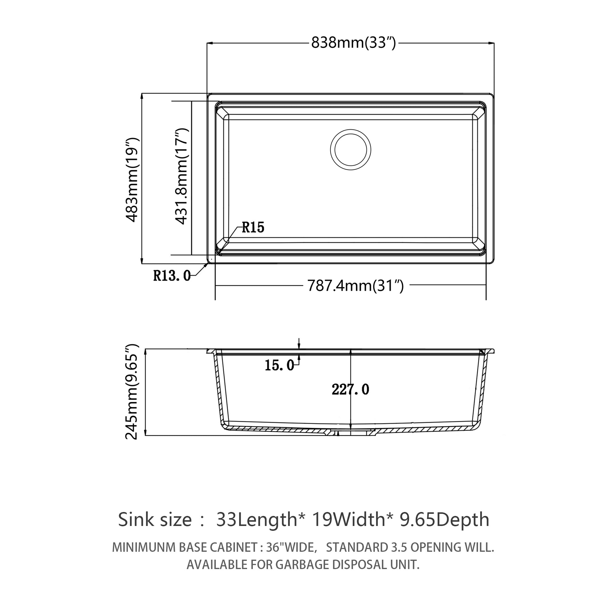 Quartz Composite Kitchen Sink Workstation Undermount 33x19 Inches Black Granite