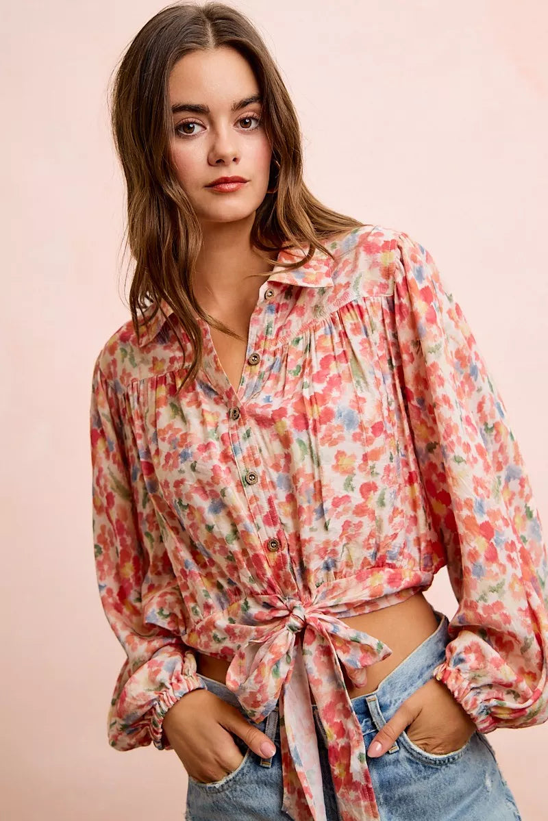 BiBi Floral Print Tie Hem Detail Crop Shirt