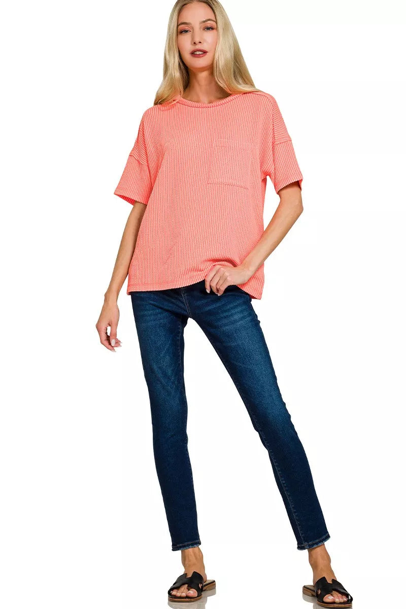 Zenana Raised Rib Exposed Seam Short Sleeve Top
