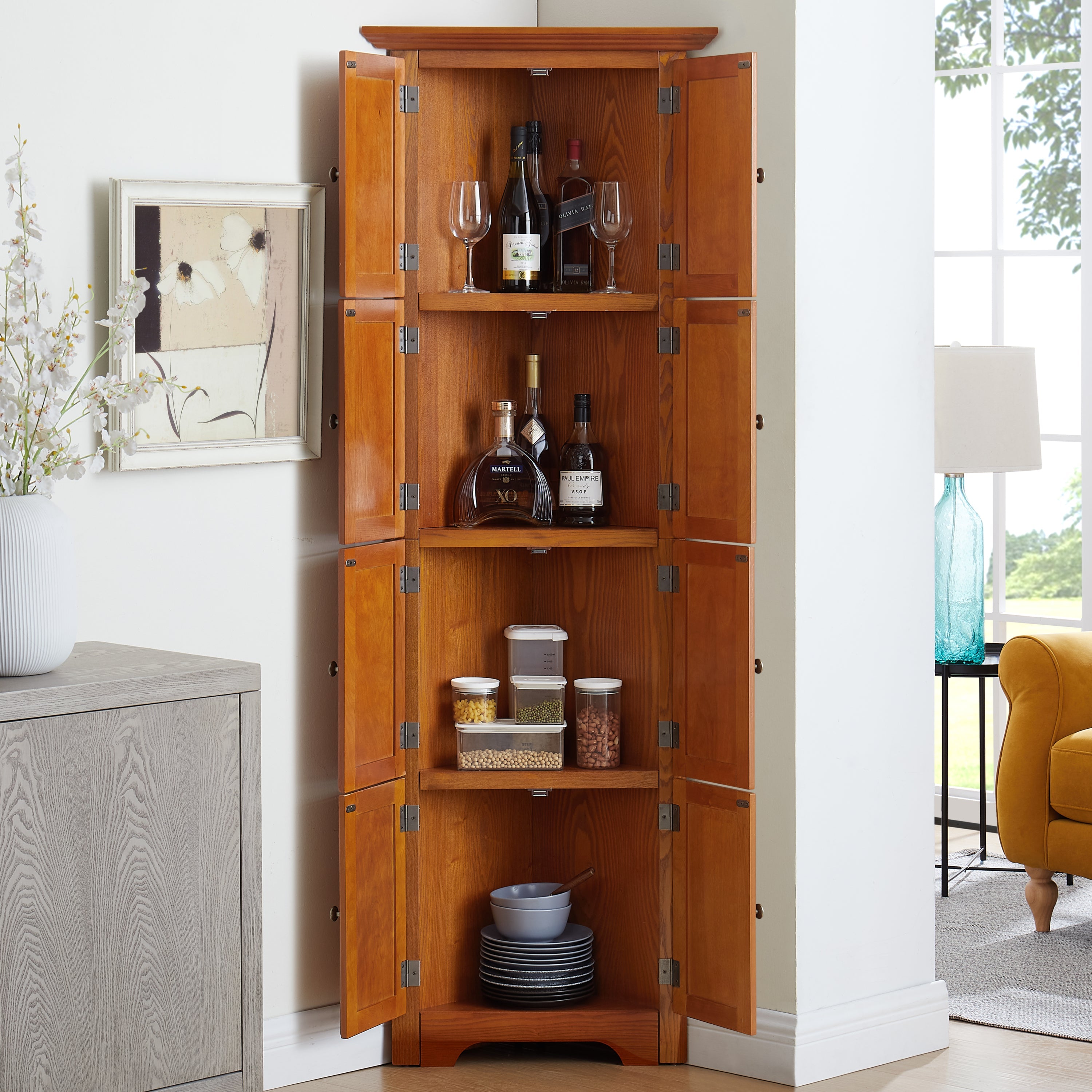 4-Tier 72' Corner Kitchen Pantry Storage Cabinet with 8 Doors Tall Storage Cabinet, Corner Cabinet and Shelves, Home farmhouse bookshelf Cabinet for Bathroom, Living room, Kitchen OAK