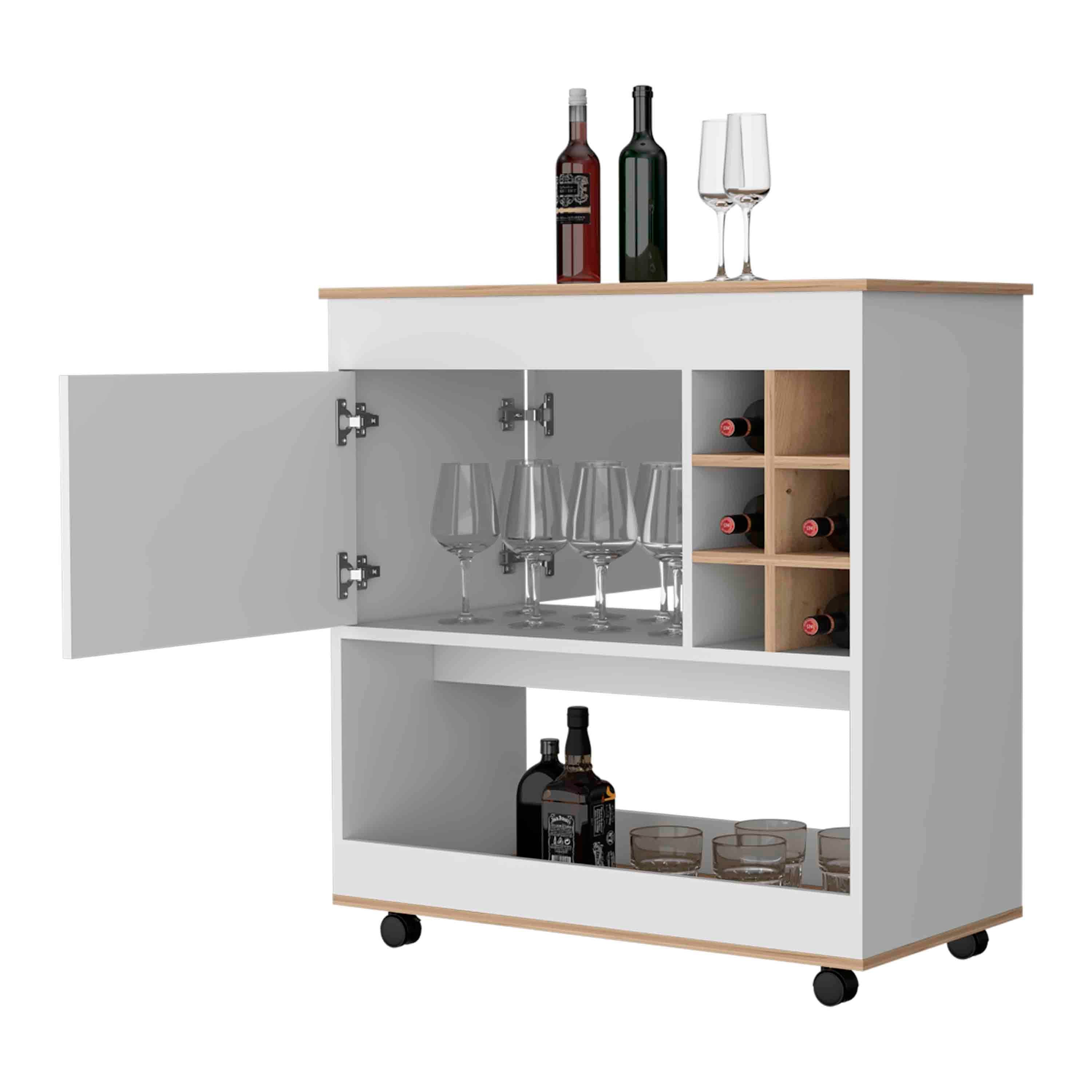 Texas Bar Cart, One Cabinet, Six Bottle Cubbies, One Lower Panel, Four Casters