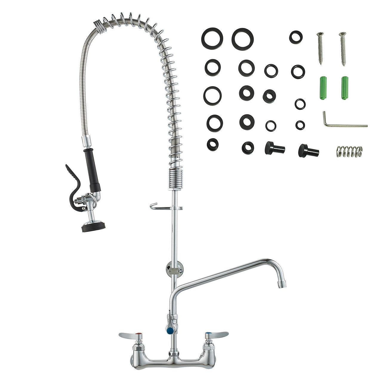 Commercial Faucet with Pre-Rinse Sprayer, 36' Height, 8' Center, 12' Swing Spout, Wall Mount Kitchen Sink Faucet, Brass Constructed Device with Pull Down Spray, for 1/2/3 Compartment Sink