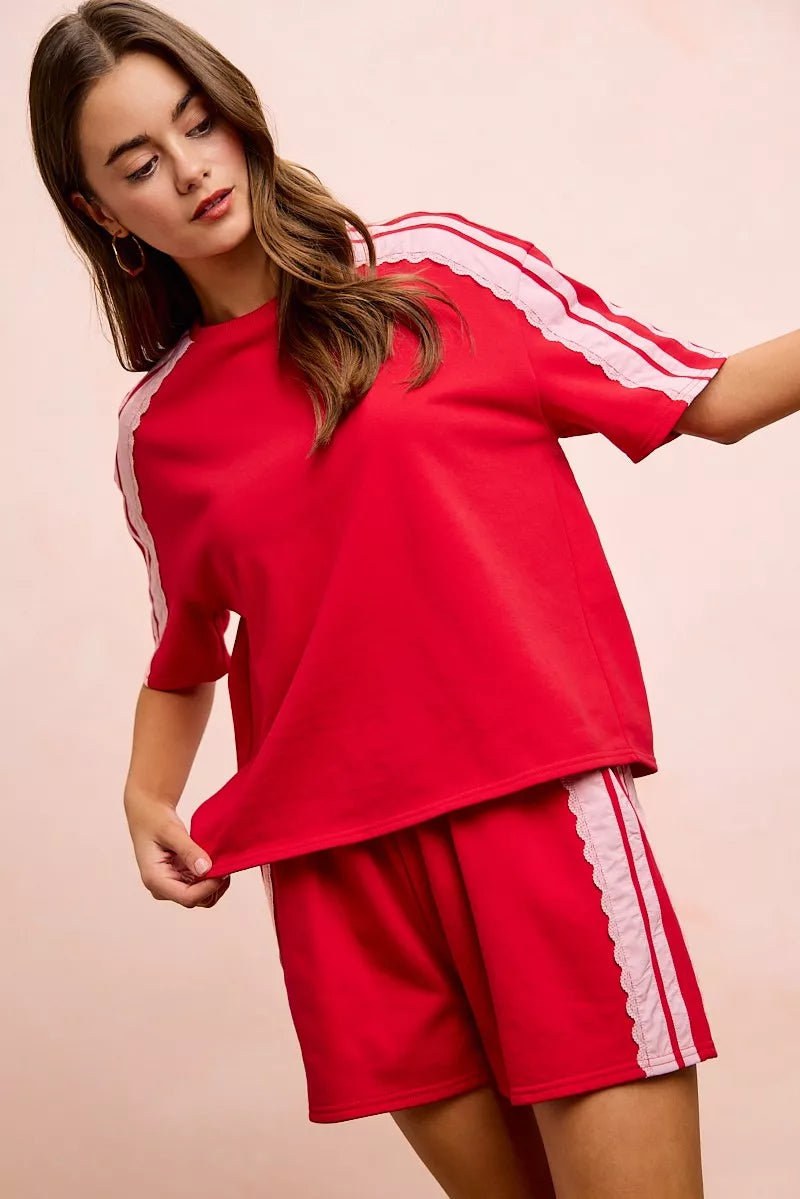 BiBi French Terry Side Lace Detail Short Sleeves Top