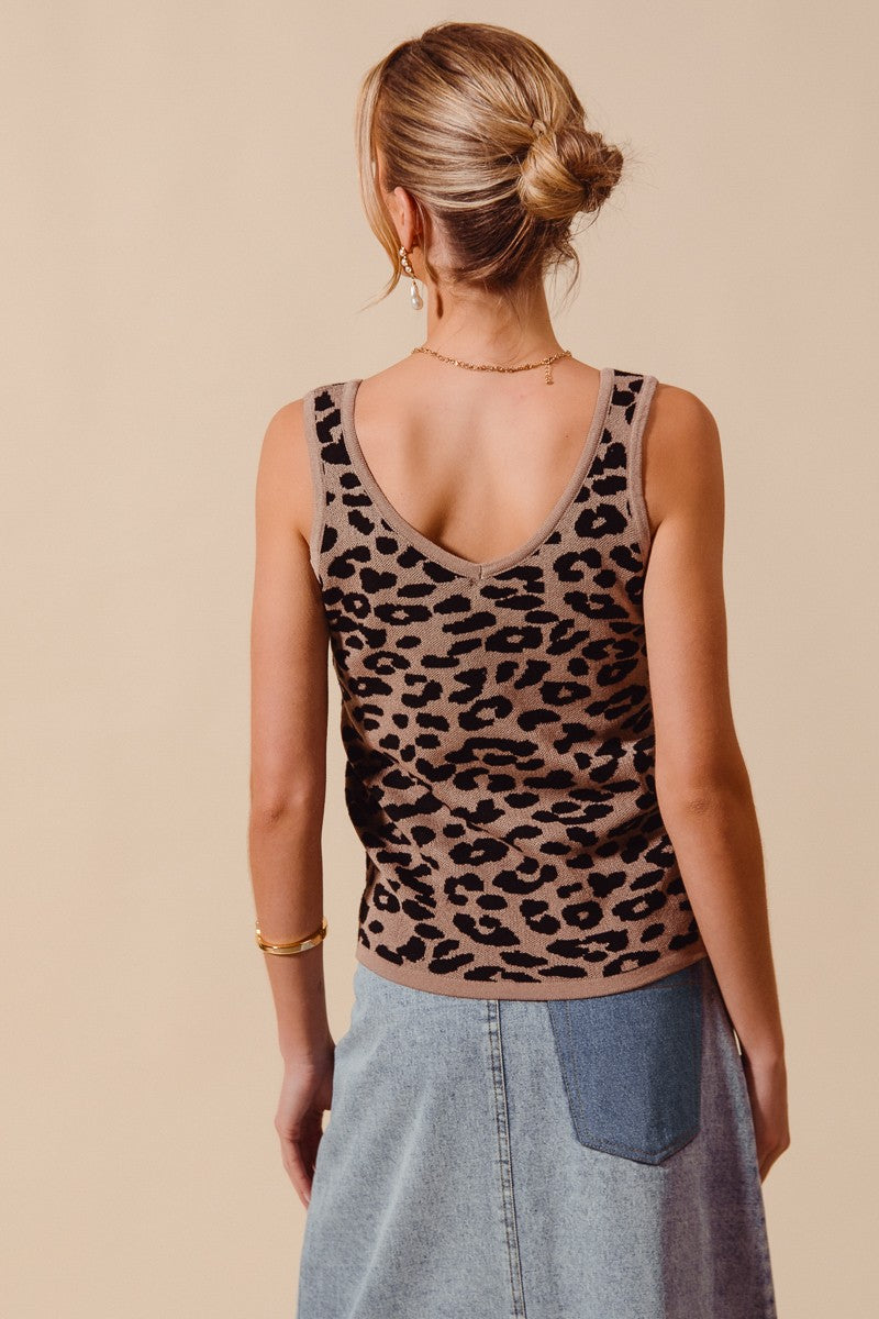 SO ME Leopard Knitted Lightweight V Neck Tank Top