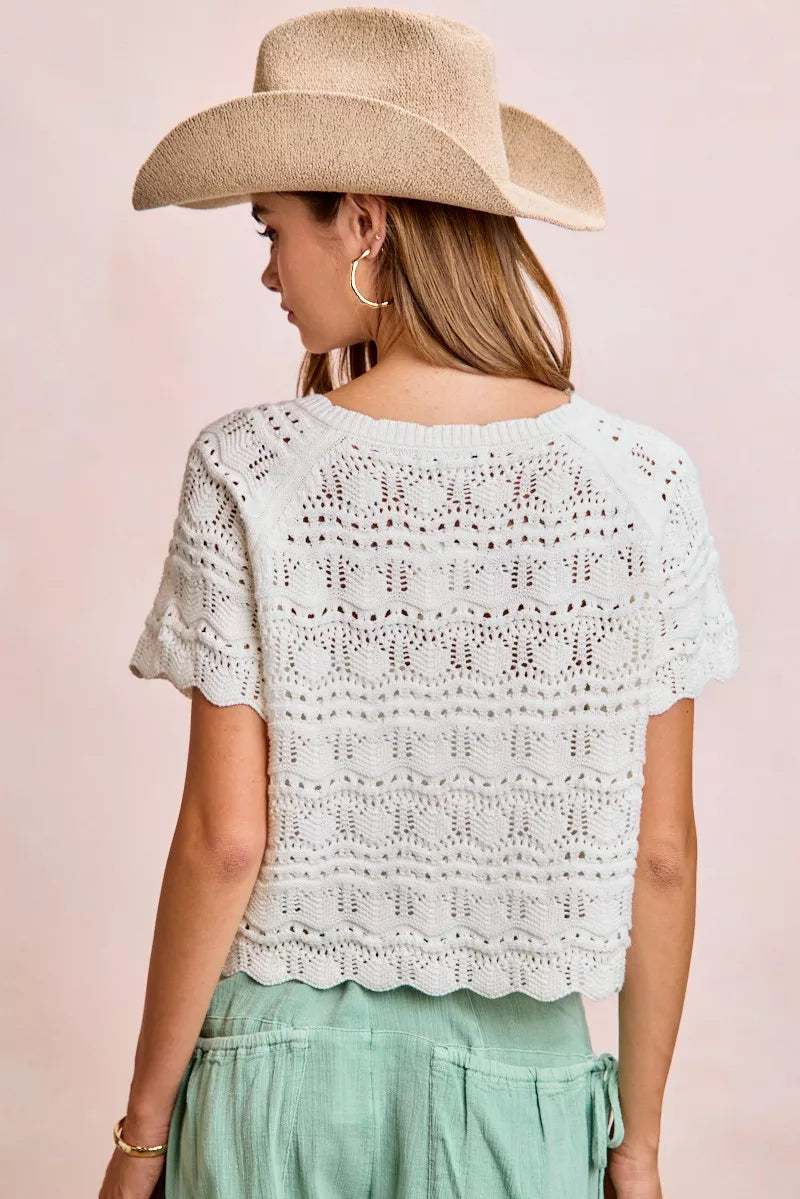 BiBi Front Bow Tie Detail Pointelle Knit Top