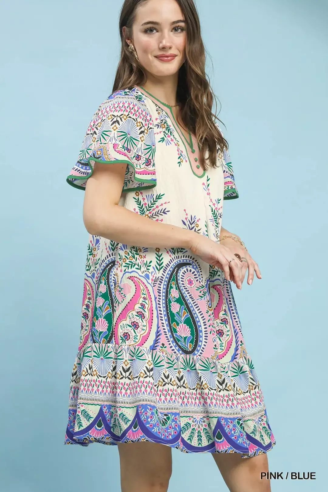 Umgee Paisley Flutter Sleeve Mini Dress