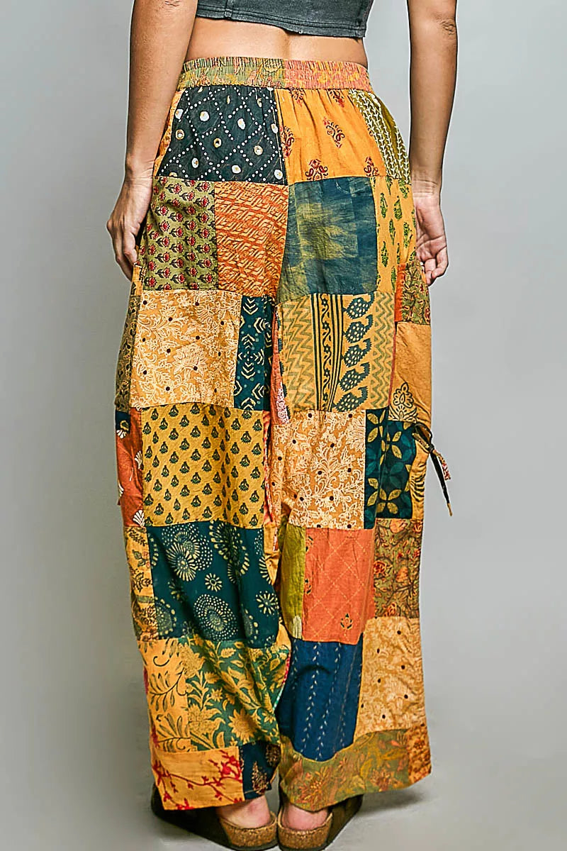 POL Printed Patchwork Wide Leg Pants with Adjustable Side Drawstring