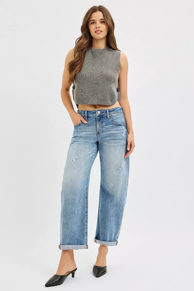 RISEN Full Size Slouchy Ankle Length Barrel Jeans with Cuffs Plus Size