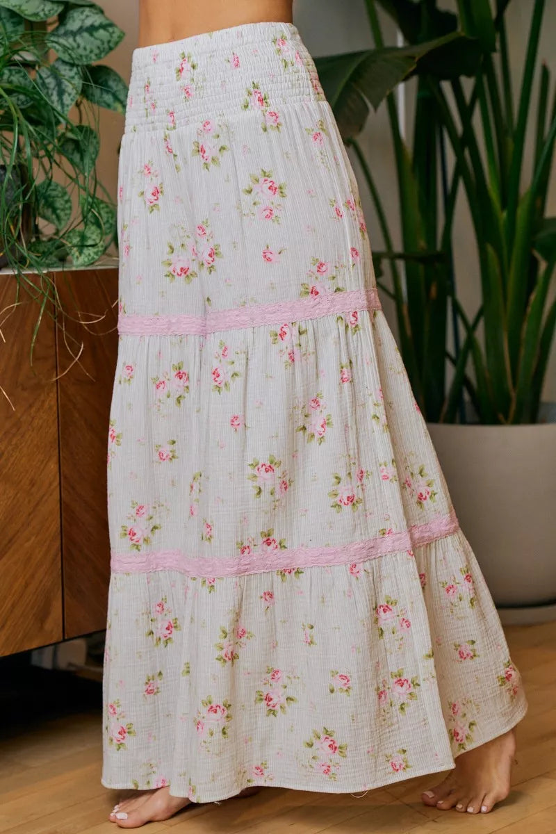 BiBi Rose Printed Gauze Trim Detail Smocked Maxi Pants