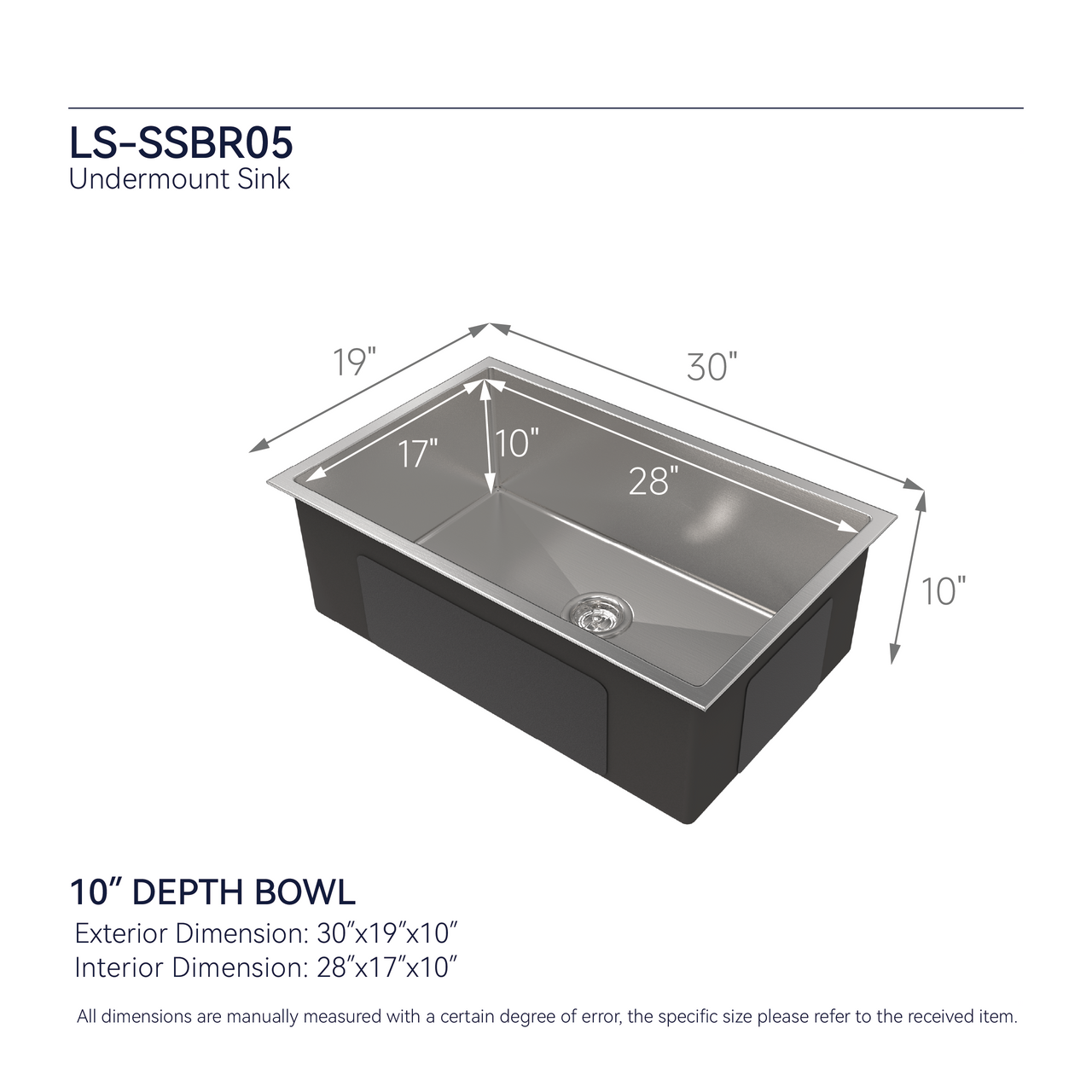 Stainless Steel Kitchen Sink, 30″x19″ Drop In Single Bowl, Undermount Handmade Sink in Brushed Nickel, with US Standard Drain and Hook, LS-SSBR05