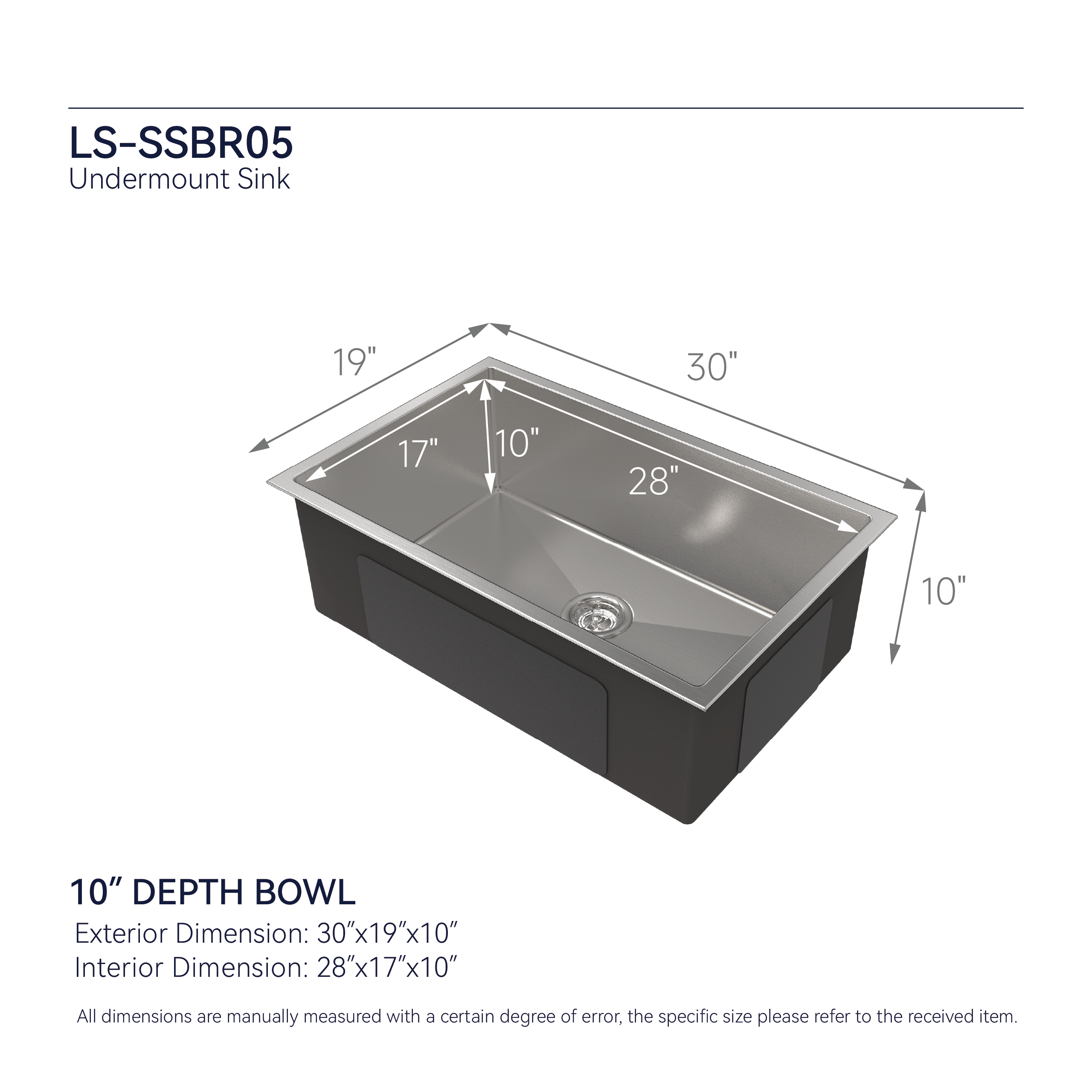 Stainless Steel Kitchen Sink, 30″x19″ Drop In Single Bowl, Undermount Handmade Sink in Brushed Nickel, with US Standard Drain and Hook, LS-SSBR05