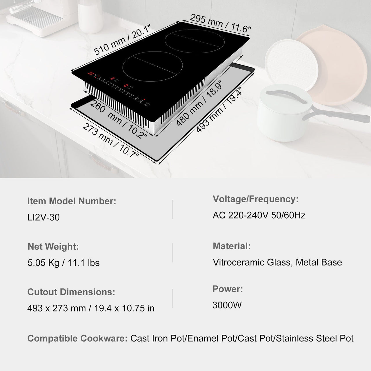 Electric Cooktop, 2 Burners, 12'' Induction Stove Top, Built-in Magnetic Cooktop 3000W, 9 Heating Level Multifunctional Burner, LED Touch Screen w/ Child Lock & Over-Temperature Protection
