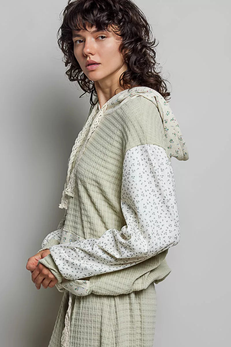 POL Mixed Knit Contrast Print Sleeve Hoodie with Kangaroo Pocket