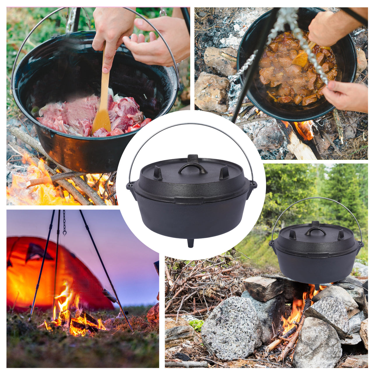 pre-Seasoned Cast Iron Dutch Oven With Skillet Lid, Outdoor Camping Deep Pot for Camping Fireplace Cooking BBQ Baking Campfire, Leg Base, 4.5 Quart