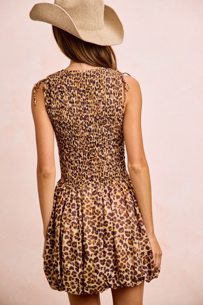BiBi Leopard Bow Tie Attachable Puff Sleeves Dress