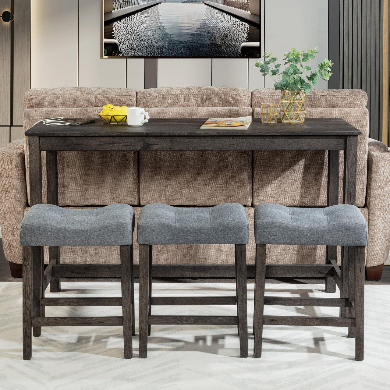 4 Piece Bar Table Set with Power Outlet, Bar Table Set with Chairs, Sofa Bar Table with Stools, Behind Couch Table with 3 Padded Stools, for Living Room, Dining room, Dark Gray