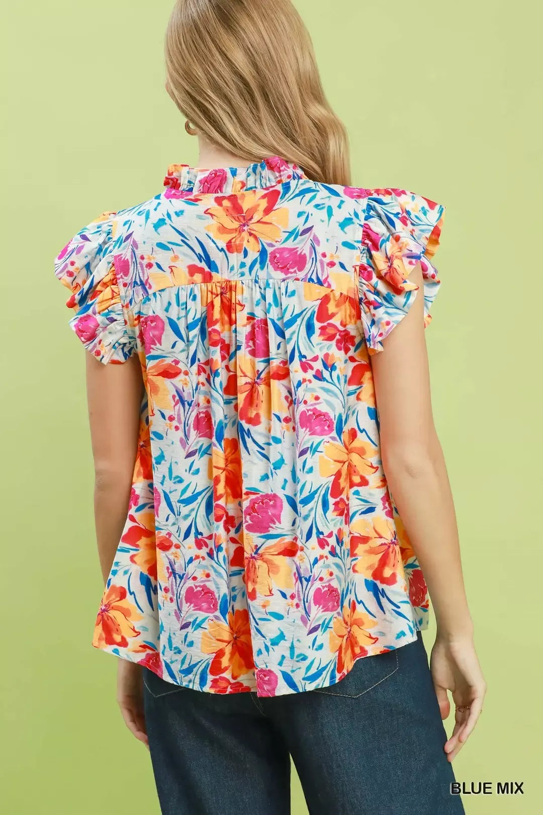 Umgee Smocked Yoke Ruffle Sleeve Floral Blouse