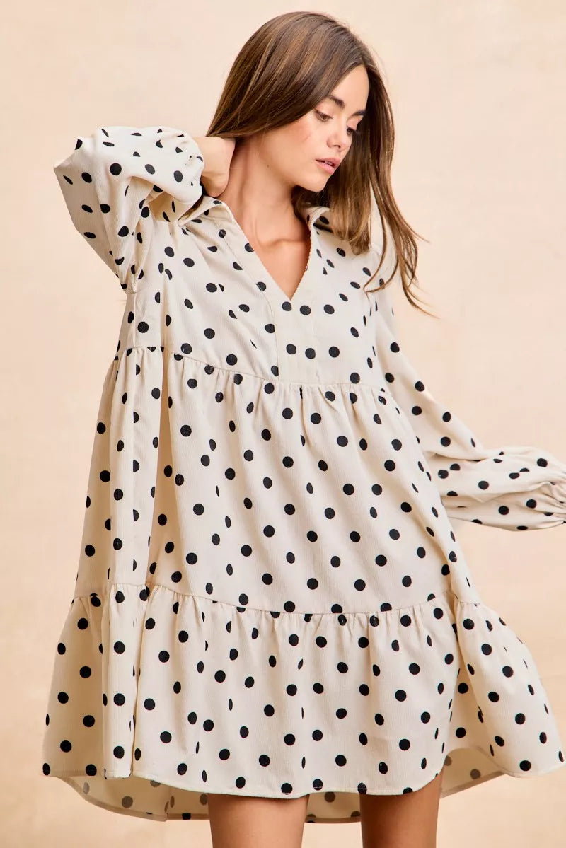 BiBi Polka Dot Corduroy Collared V Neck Dress