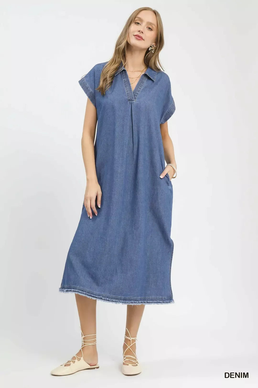 Umgee Stone Washed Collared Denim Midi Dress