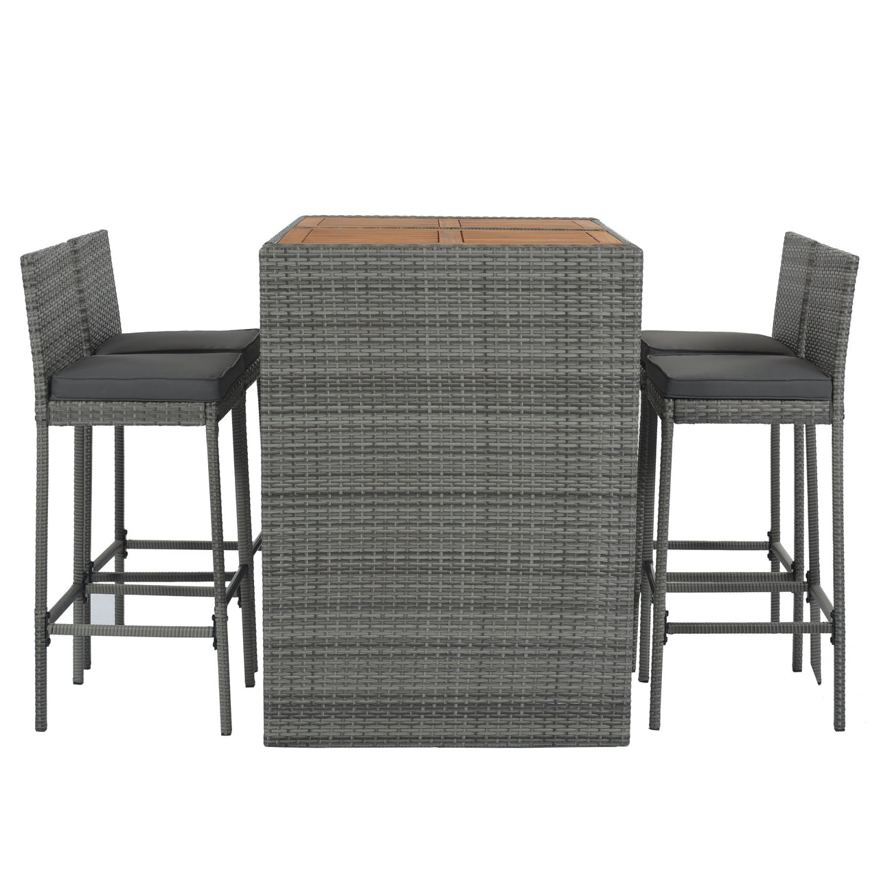 5-piece Outdoor Patio Wicker Bar Set, Bar Height Chairs With Non-Slip Feet And Fixed Rope, Removable Cushion, Acacia Wood Table Top, Brown Wood And Gray Wicker