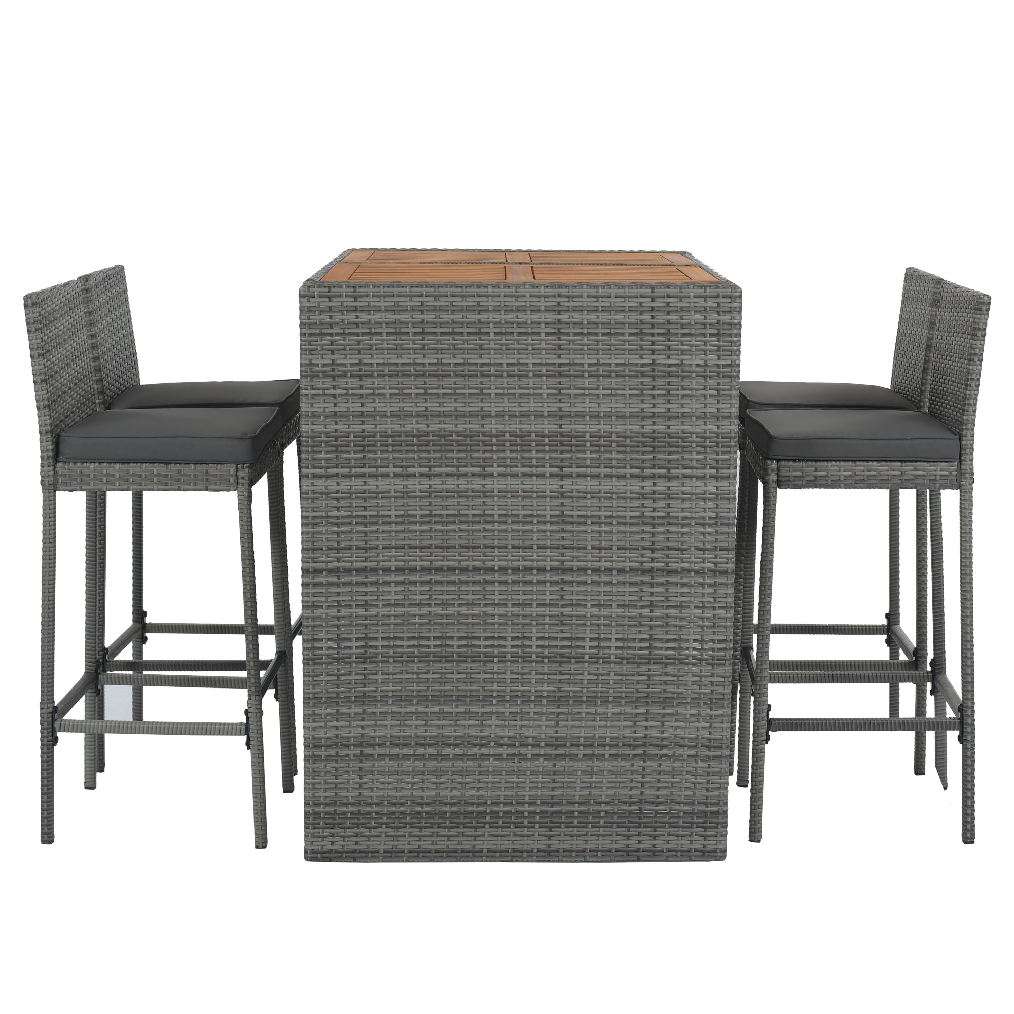 5-piece Outdoor Patio Wicker Bar Set, Bar Height Chairs With Non-Slip Feet And Fixed Rope, Removable Cushion, Acacia Wood Table Top, Brown Wood And Gray Wicker