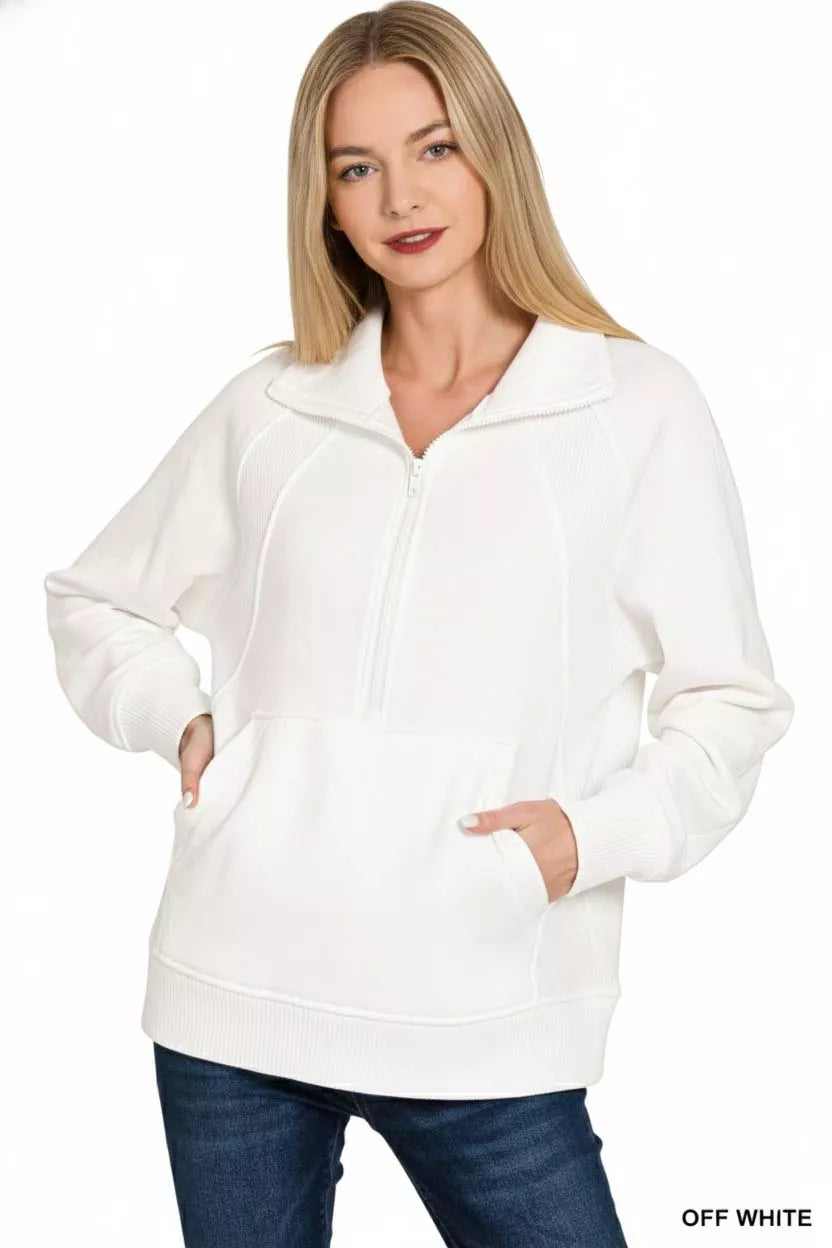 Zenana Half Zip Fleece Sweatshirt with kangaroo Pocket