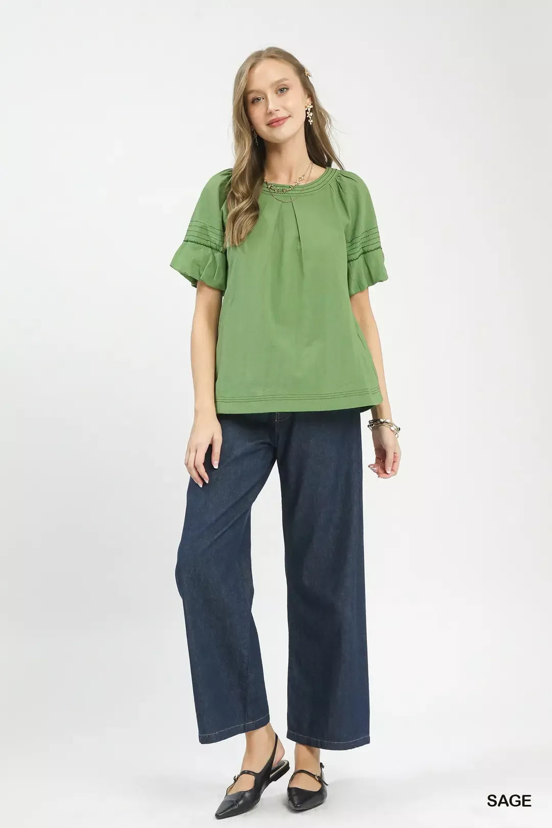 Umgee Round Neck Puff Sleeve Top with Contrast Stitch Detail