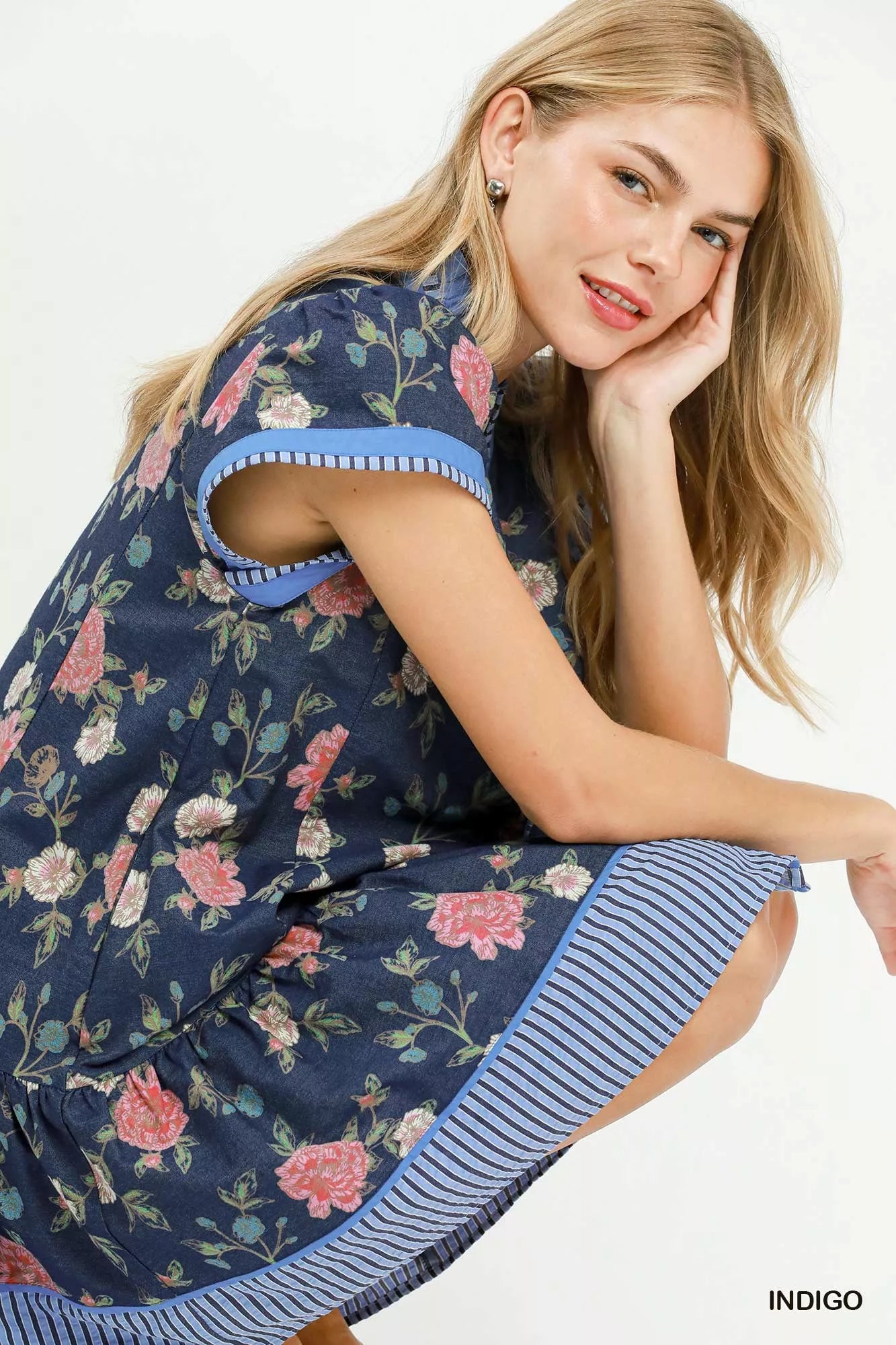 Umgee Floral Contrast Trim Ruffle Hem Mini Dress
