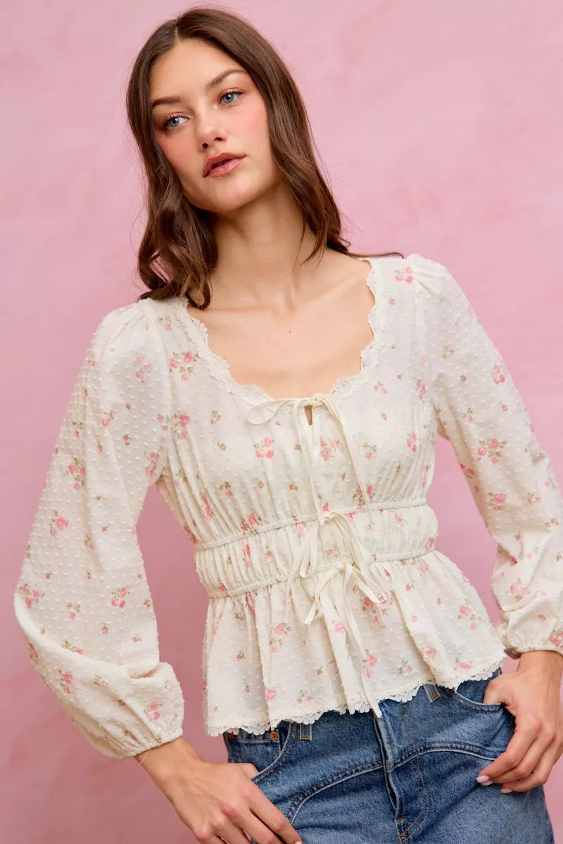 SO ME Floral Clip Dot Lace Trim Ruched Bodice Blouse