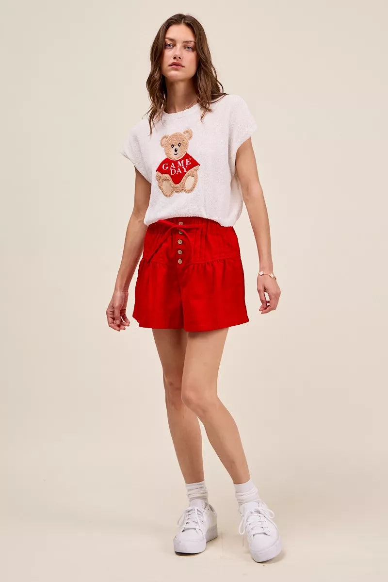 SO ME Solid Twill Denim Pintucked Buttoned Shorts With Waist Tie
