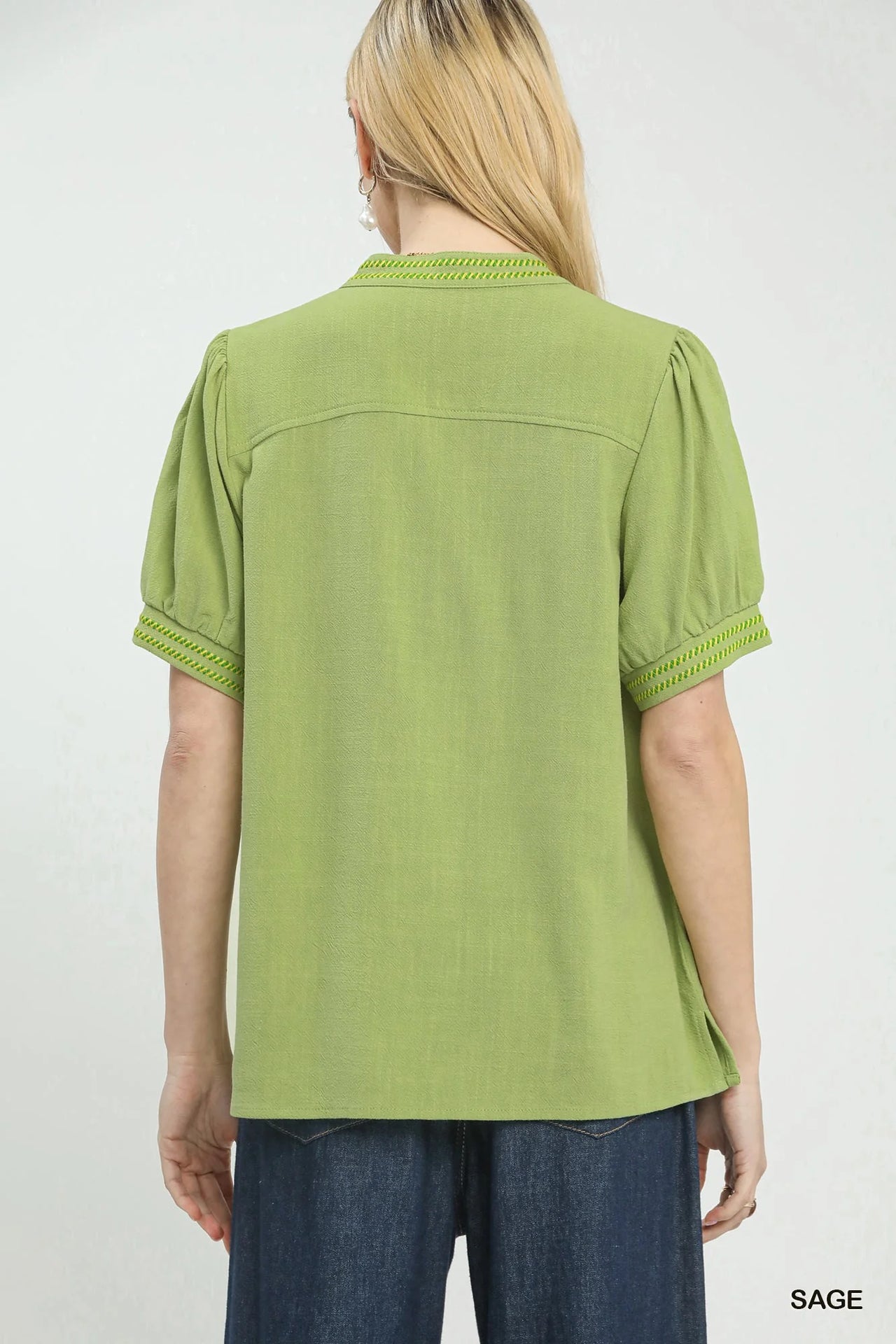 Umgee Embroidery Linen Puff Sleeve Blouse
