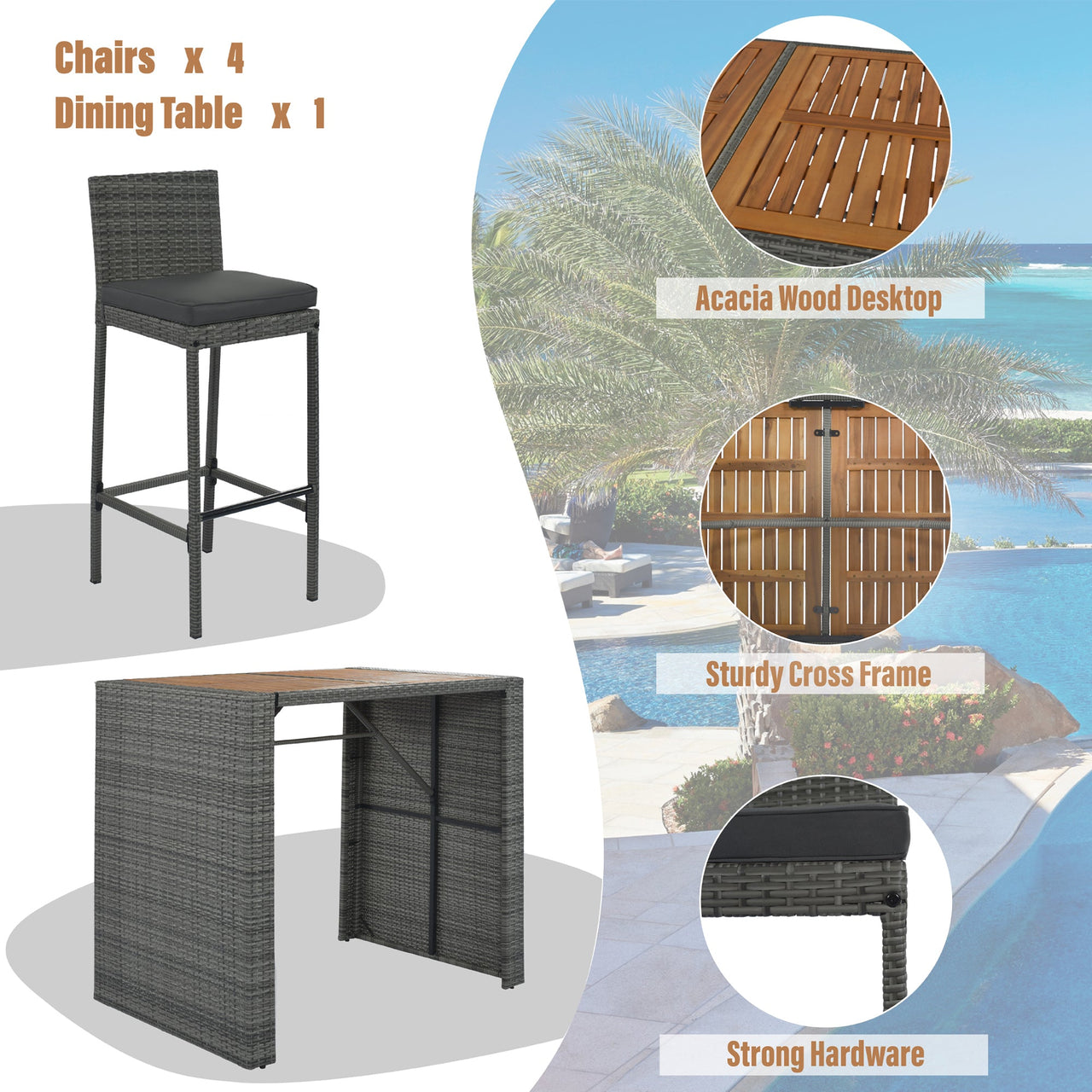 5-piece Outdoor Patio Wicker Bar Set, Bar Height Chairs With Non-Slip Feet And Fixed Rope, Removable Cushion, Acacia Wood Table Top, Brown Wood And Gray Wicker
