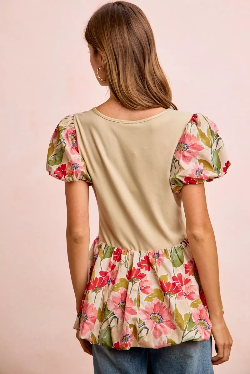 BiBi Floral Printed Bubble Sleeves and Hem Peplum Top