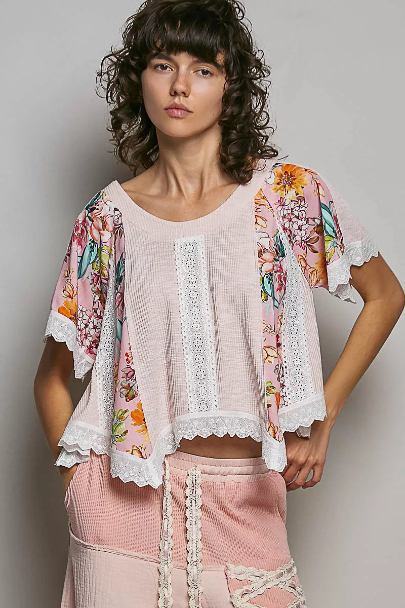 POL Round Neck Ribbed Cropped Top with Lace Detail