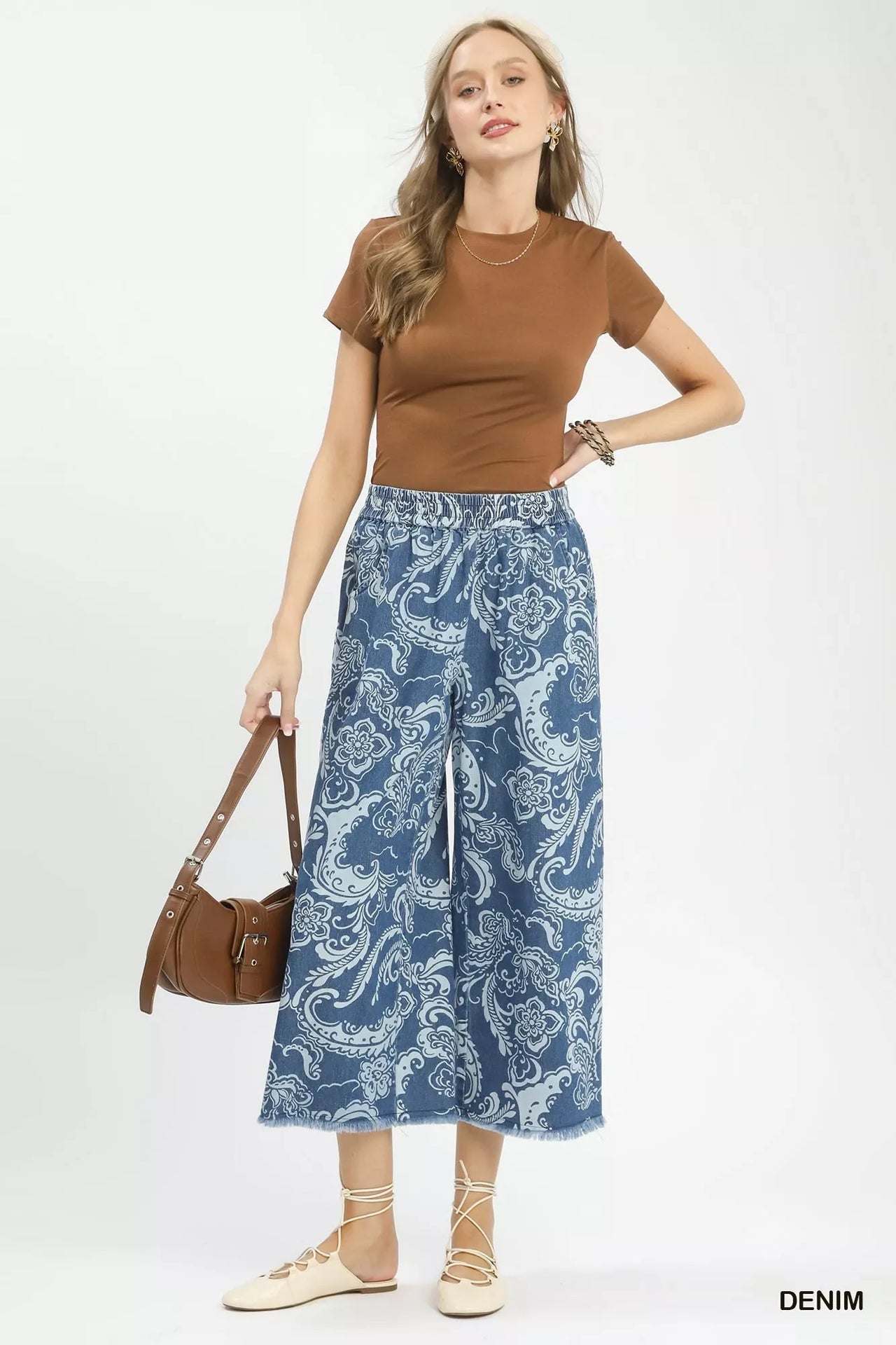 Umgee Stone Wash Wide Leg Crop Pants