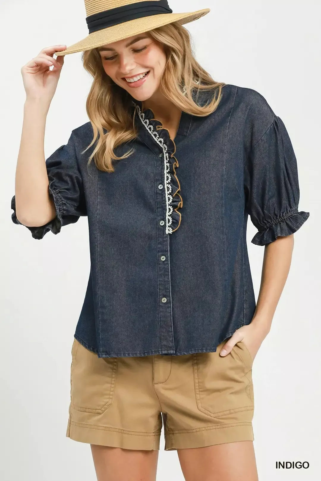 Umgee Chambray Scalloped Trim Button Front Blouse