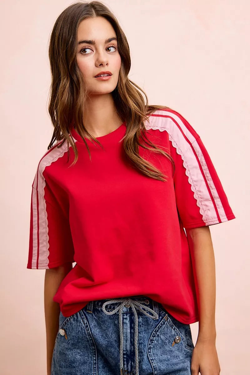 BiBi French Terry Side Lace Detail Short Sleeves Top