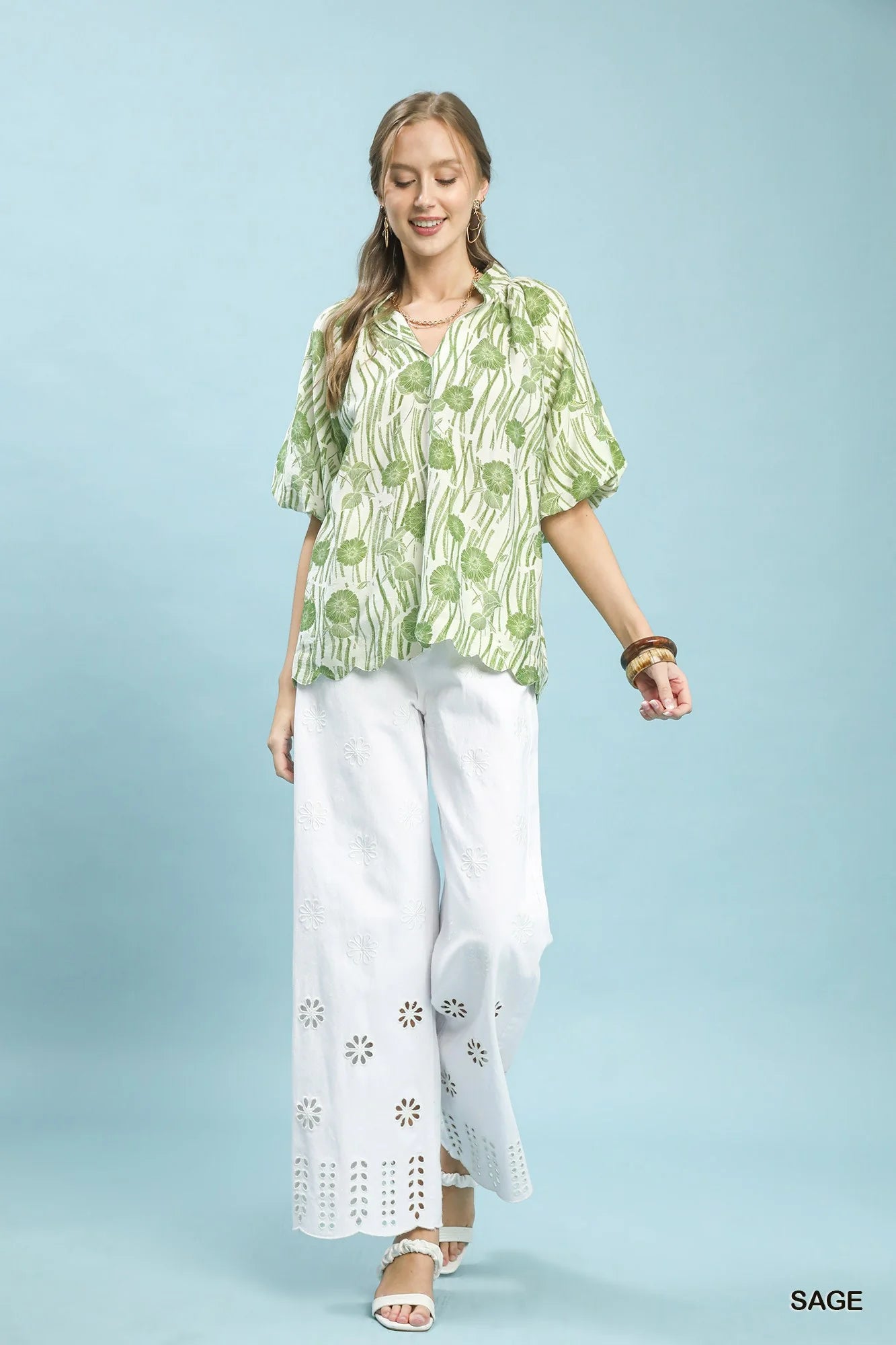 Umgee Floral Scalloped Edge Puff Sleeve Blouse with High-Low Curved Hem