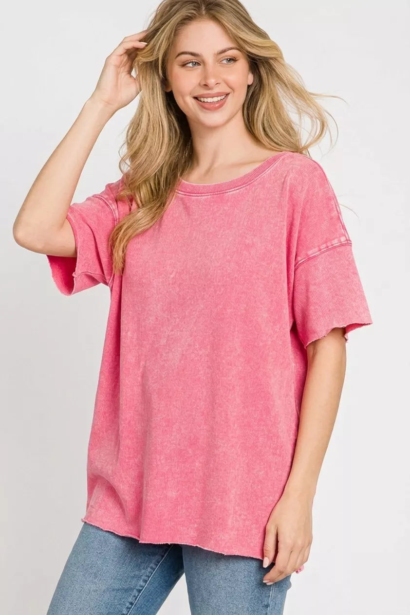 Zenana Acid Wash French Terry Drop Shoulder Raw Edge Top