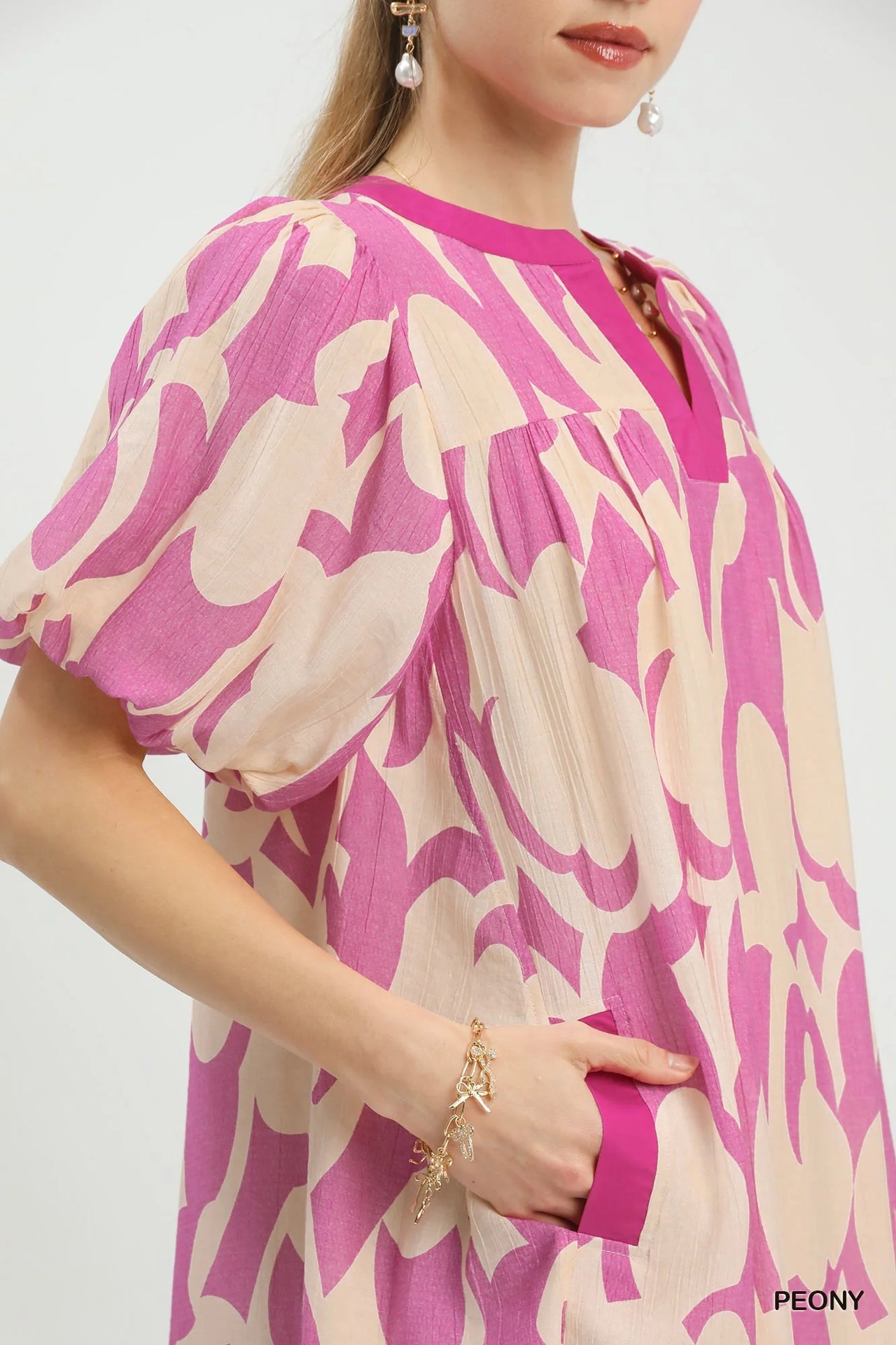 Umgee Abstract Print Puff Sleeve Shift Dress