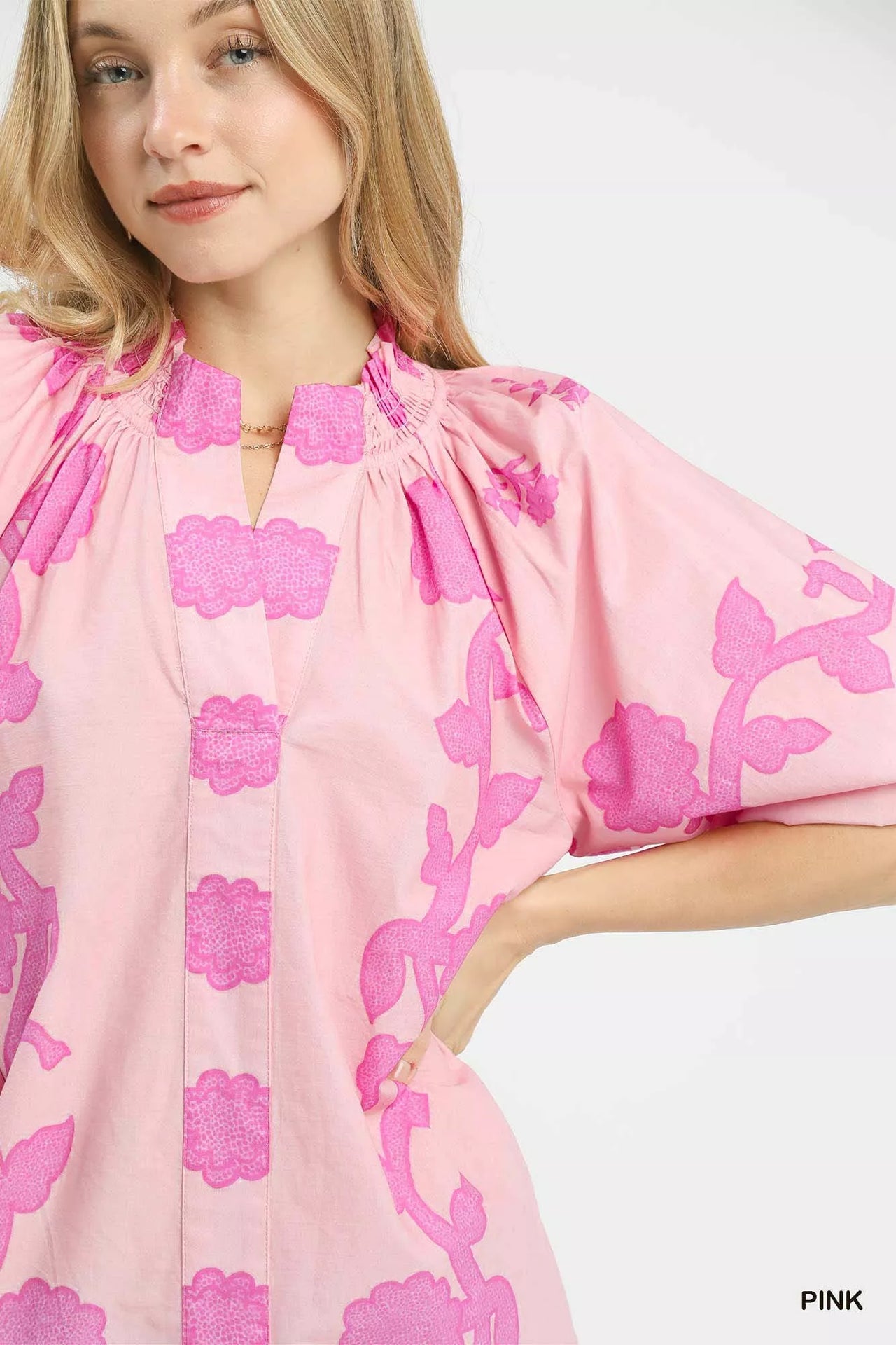 Umgee Floral Smocked Notched Puff Sleeve Blouse