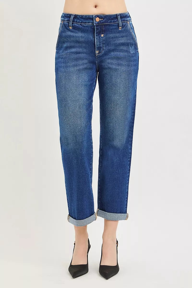 RISEN Slouchy Cropped Boyfriend Jeans with Cuffed Hem