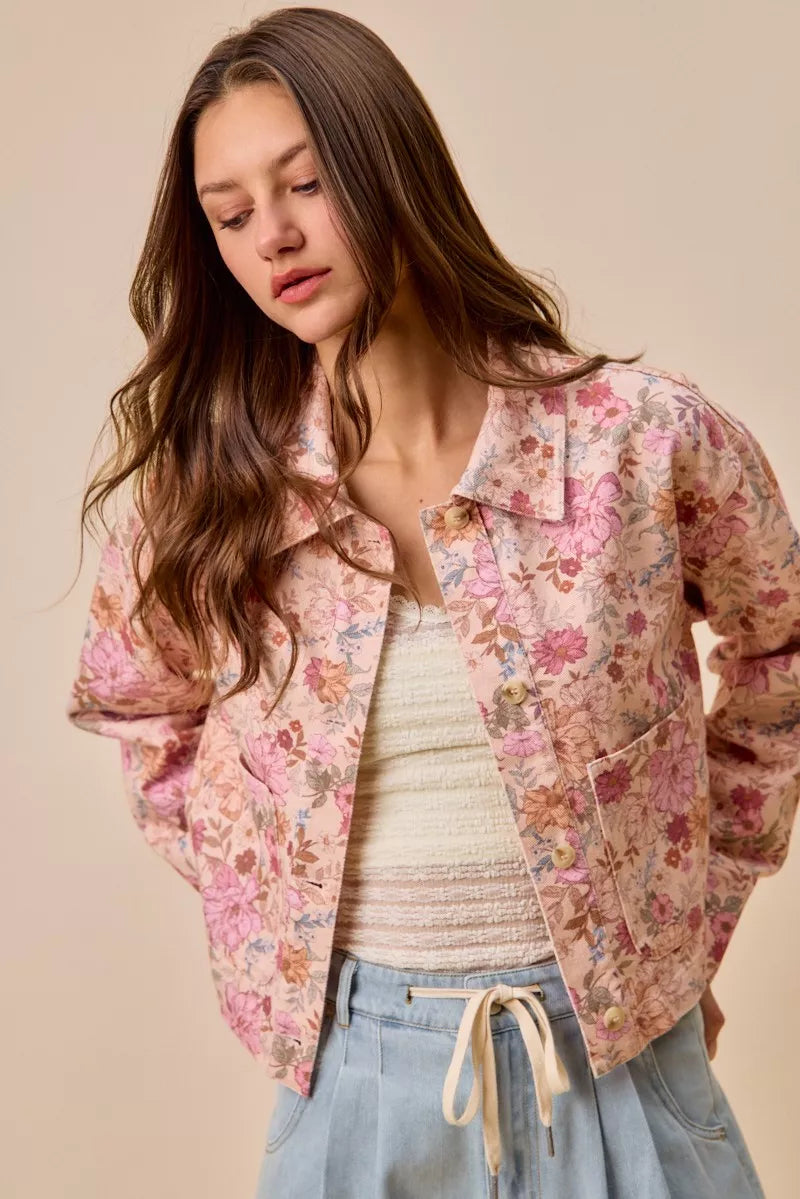 SO ME Floral Print Cotton Twill Button Down Barn Jacket