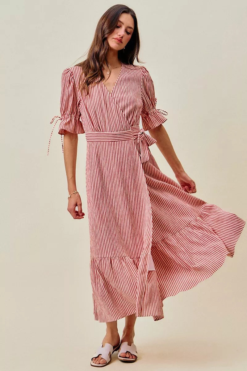 SO ME Stripe Textured Short Sleeves Lined Wrap Midi Dres