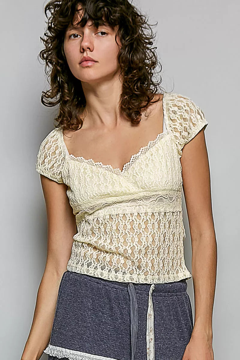 POL Sweetheart Neck Lace Short Sleeve Top