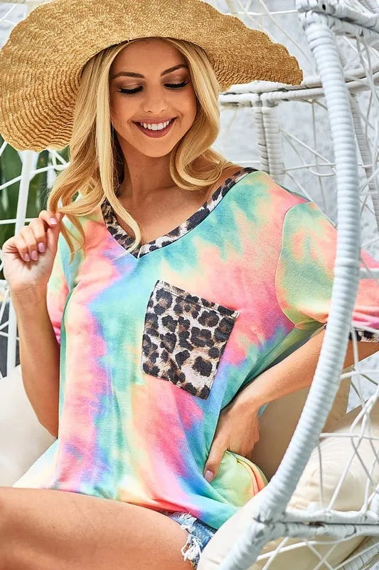 BiBi Tie Dye Print V Neck Top With Front Patch Pocket
