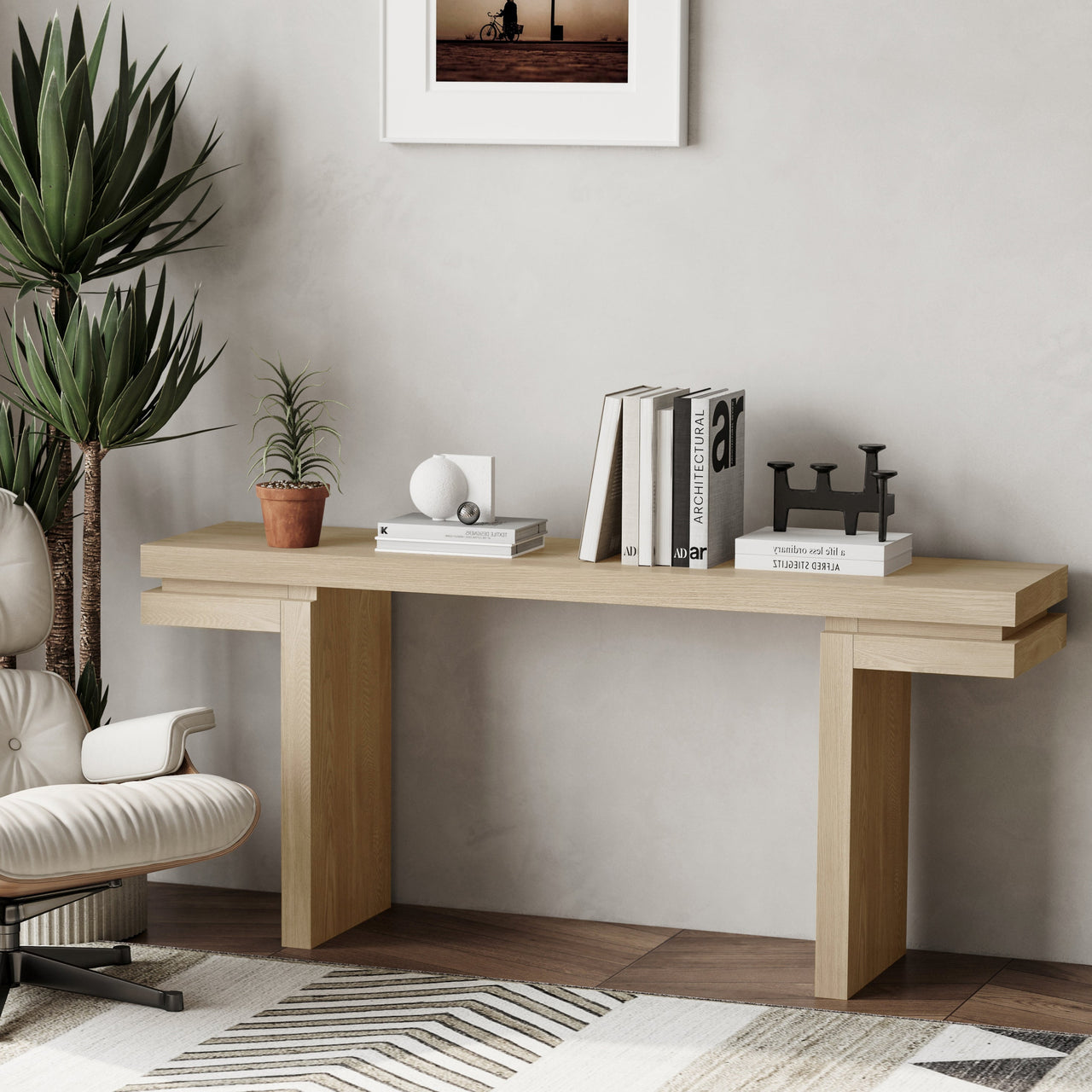 66' Extra Wide Real Wood Veneered Console Table, Minimalist Sofa Table Behind Couch for Entryway, Hallway, Living Room, Home Office, Distressed Oak