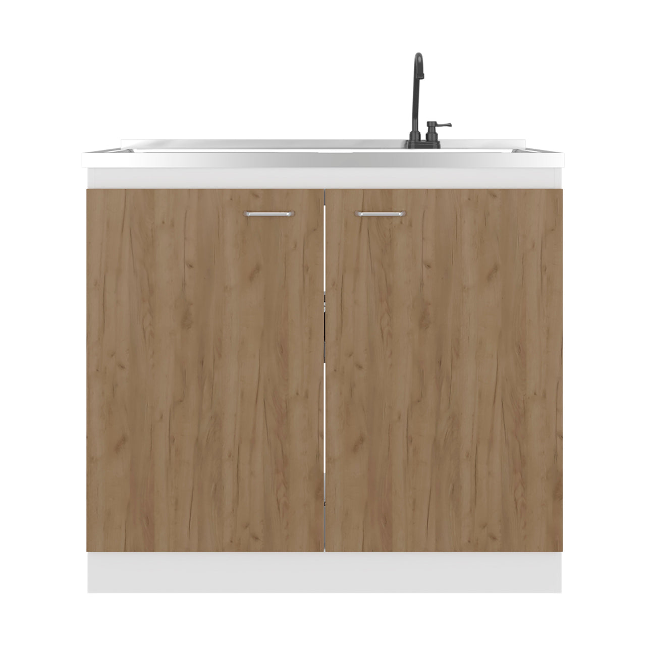 Napoles Utility Sink with Faucet Inclued and Integrated Stainless Steel Counter top, Freestanding cabinet with two doors, Metal Handles and Two interior shelves, Natural+White