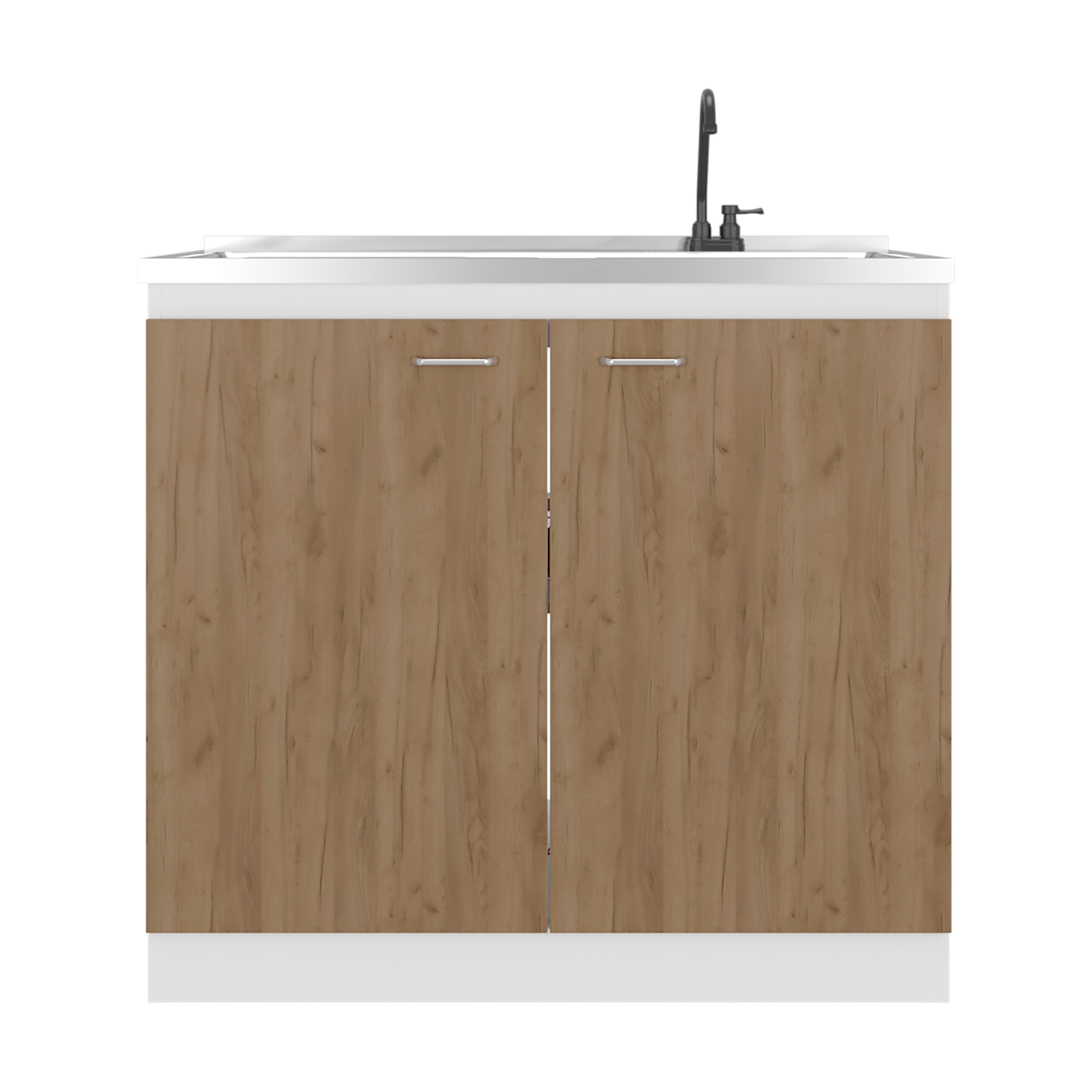 Napoles Utility Sink with Faucet Inclued and Integrated Stainless Steel Counter top, Freestanding cabinet with two doors, Metal Handles and Two interior shelves, Natural+White